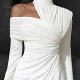 One-Shoulder Ruched Bodycon Midi Dress with Side Slit