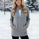Women's Cardigans – Long Ribbed Knit Cardigan with Full Zipper and Front Pockets for Winter