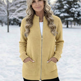 Women's Cardigans – Long Ribbed Knit Cardigan with Full Zipper and Front Pockets for Winter
