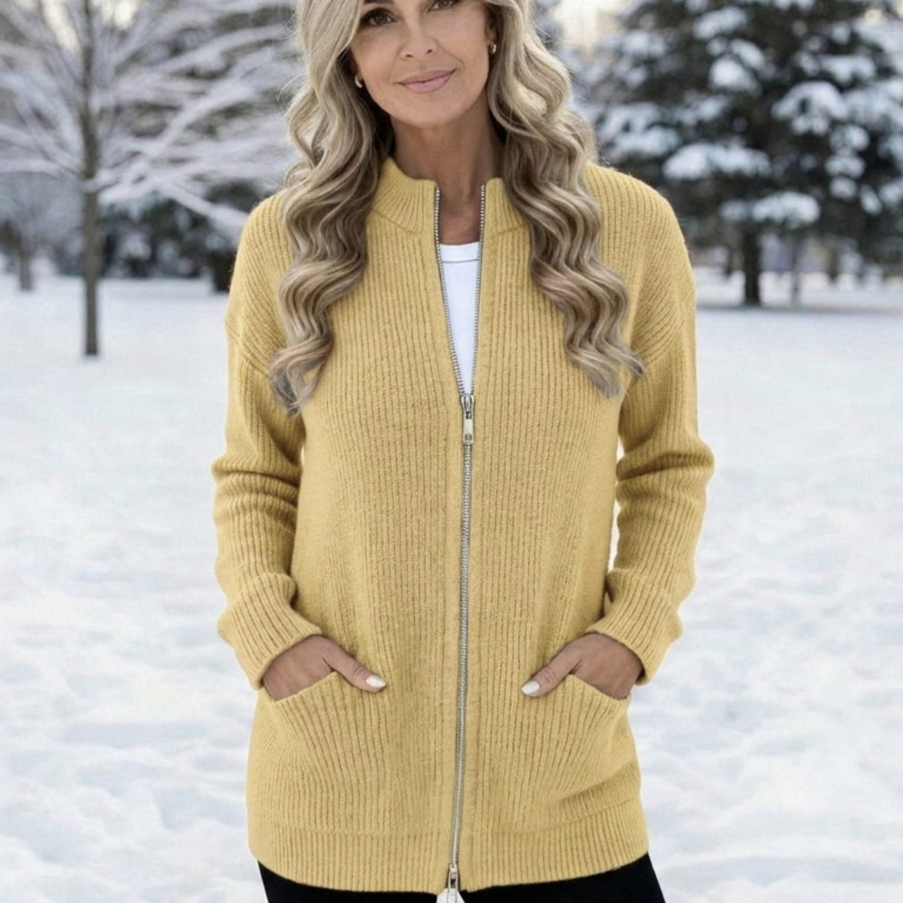 Women's Cardigans – Long Ribbed Knit Cardigan with Full Zipper and Front Pockets for Winter
