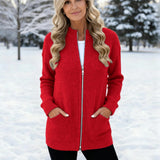 Women's Cardigans – Long Ribbed Knit Cardigan with Full Zipper and Front Pockets for Winter