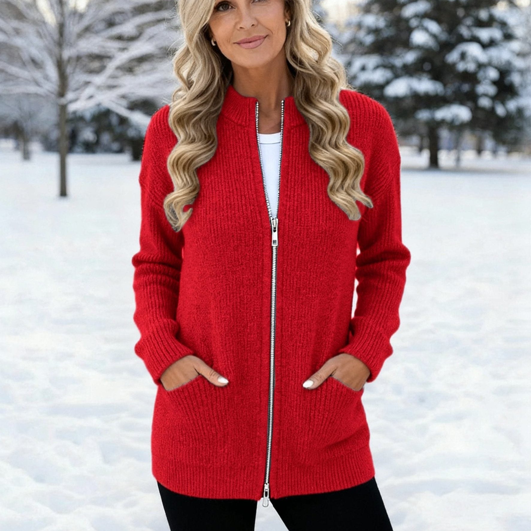 Women's Cardigans – Long Ribbed Knit Cardigan with Full Zipper and Front Pockets for Winter