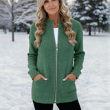Women's Cardigans – Long Ribbed Knit Cardigan with Full Zipper and Front Pockets for Winter