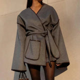 Belted Wrap Jacket with Wide Sleeves and Patch Pockets