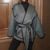 Belted Wrap Jacket with Wide Sleeves and Patch Pockets