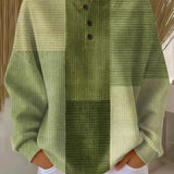 Women's Waffle Knit Sweater with Colour Block Patchwork Design and Three Button Henley Neckline