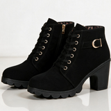 Lace-Up Ankle Boots with Block Heel and Buckle Strap