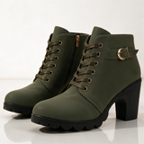 Lace-Up Ankle Boots with Block Heel and Buckle Strap