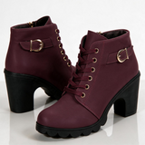 Lace-Up Ankle Boots with Block Heel and Buckle Strap