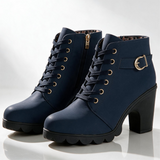 Lace-Up Ankle Boots with Block Heel and Buckle Strap