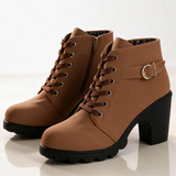 Lace-Up Ankle Boots with Block Heel and Buckle Strap