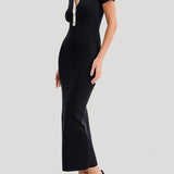 Bodycon Ribbed Knit Polo Maxi Dress with Contrast Collar