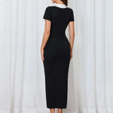 Bodycon Ribbed Knit Polo Maxi Dress with Contrast Collar