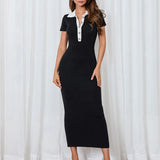 Bodycon Ribbed Knit Polo Maxi Dress with Contrast Collar