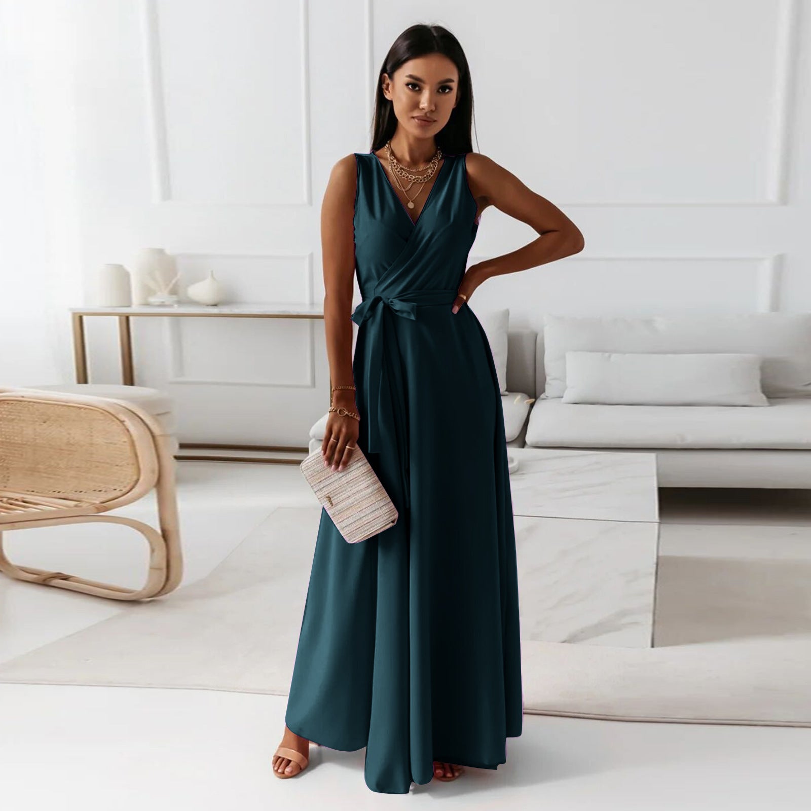 V-Neck Wrap Maxi Dress with Tie Waist