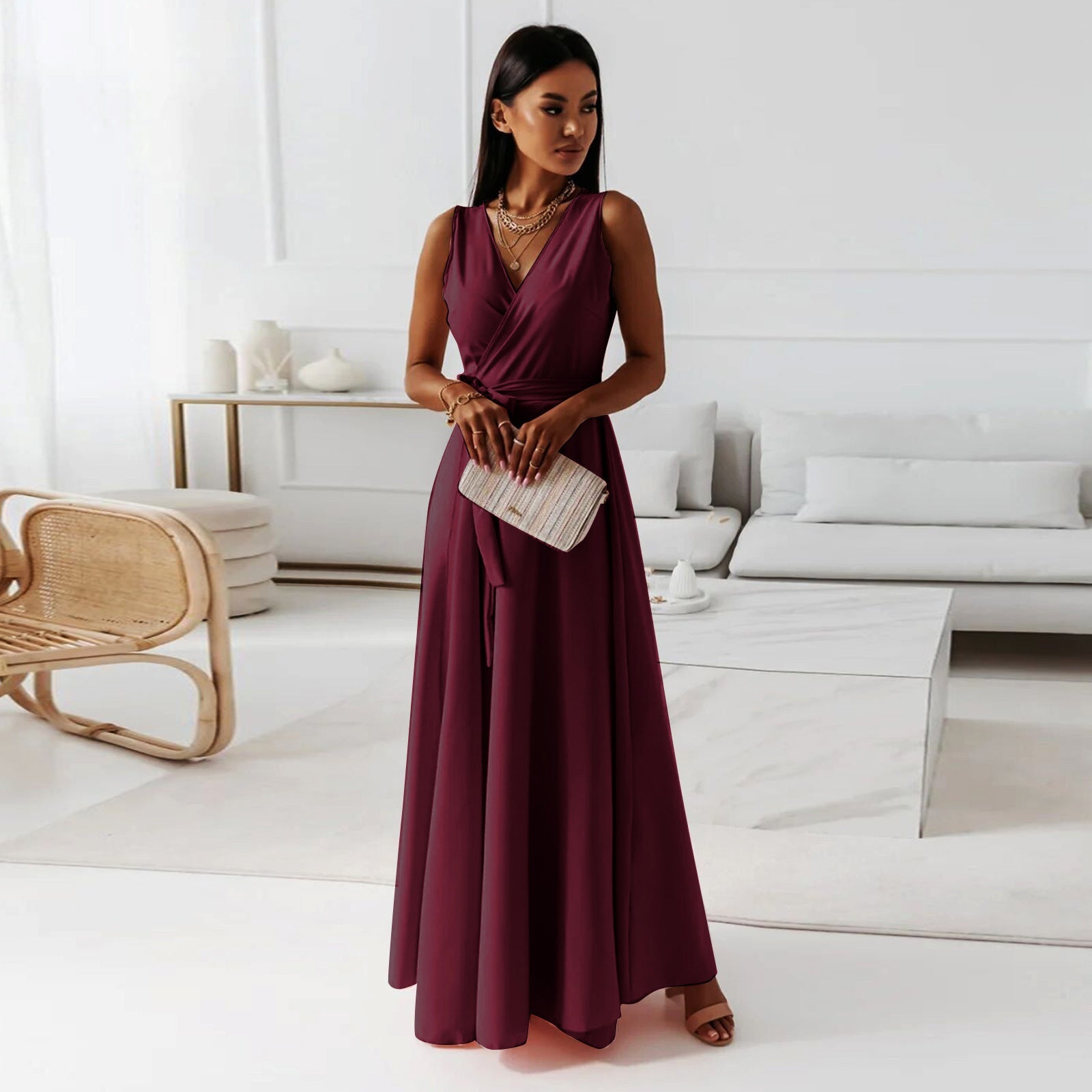 V-Neck Wrap Maxi Dress with Tie Waist