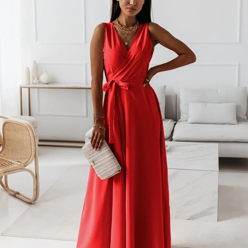 V-Neck Wrap Maxi Dress with Tie Waist