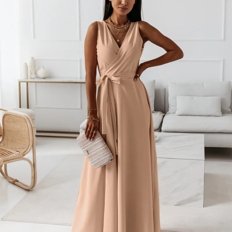 V-Neck Wrap Maxi Dress with Tie Waist