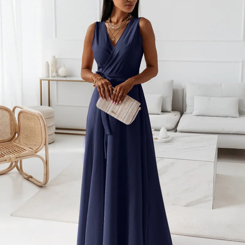 V-Neck Wrap Maxi Dress with Tie Waist