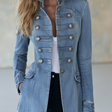 Denim Jacket with Double Breasted Front and Stand Collar