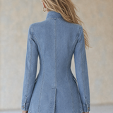 Denim Jacket with Double Breasted Front and Stand Collar
