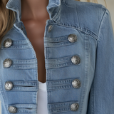Denim Jacket with Double Breasted Front and Stand Collar