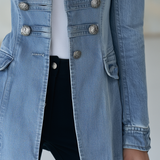 Denim Jacket with Double Breasted Front and Stand Collar