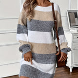 Long Sleeve Striped Knit Mini Dress with Boat Neck