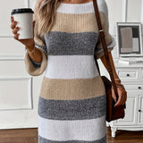 Long Sleeve Striped Knit Mini Dress with Boat Neck