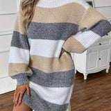 Long Sleeve Striped Knit Mini Dress with Boat Neck