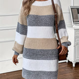 Long Sleeve Striped Knit Mini Dress with Boat Neck