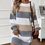 Long Sleeve Striped Knit Mini Dress with Boat Neck