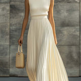 Ribbed Knit Pleated Maxi Dress with Crew Neck