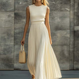 Ribbed Knit Pleated Maxi Dress with Crew Neck