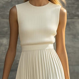 Ribbed Knit Pleated Maxi Dress with Crew Neck