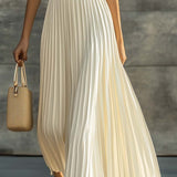 Ribbed Knit Pleated Maxi Dress with Crew Neck