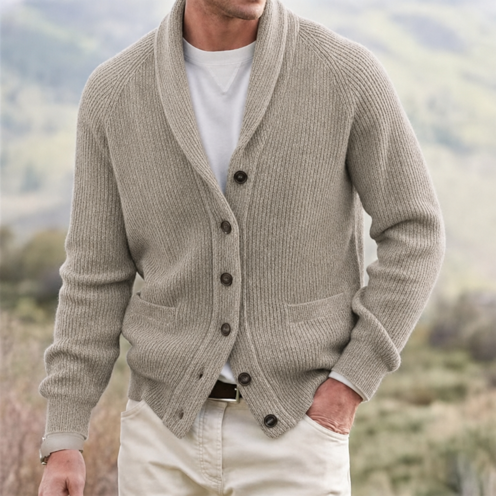 Men's Ribbed Knit Cardigan with Shawl Neck