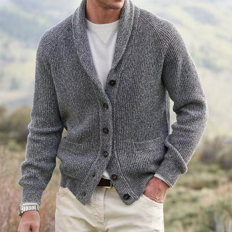 Men's Ribbed Knit Cardigan with Shawl Neck