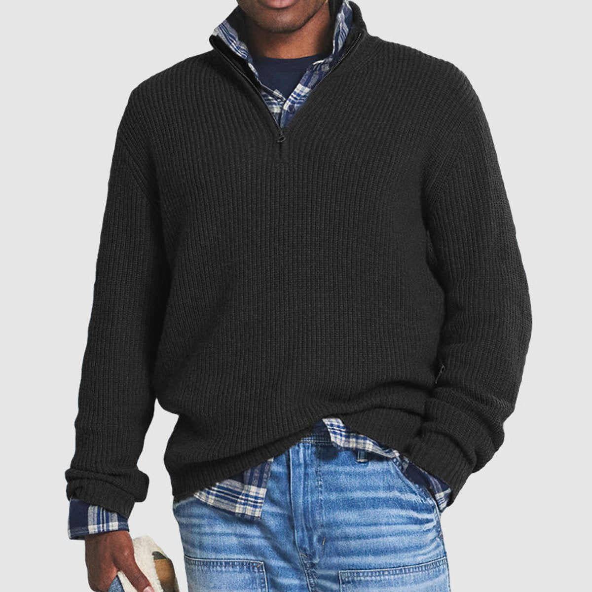 Ribbed Knit Sweater with Quarter-Zip Men