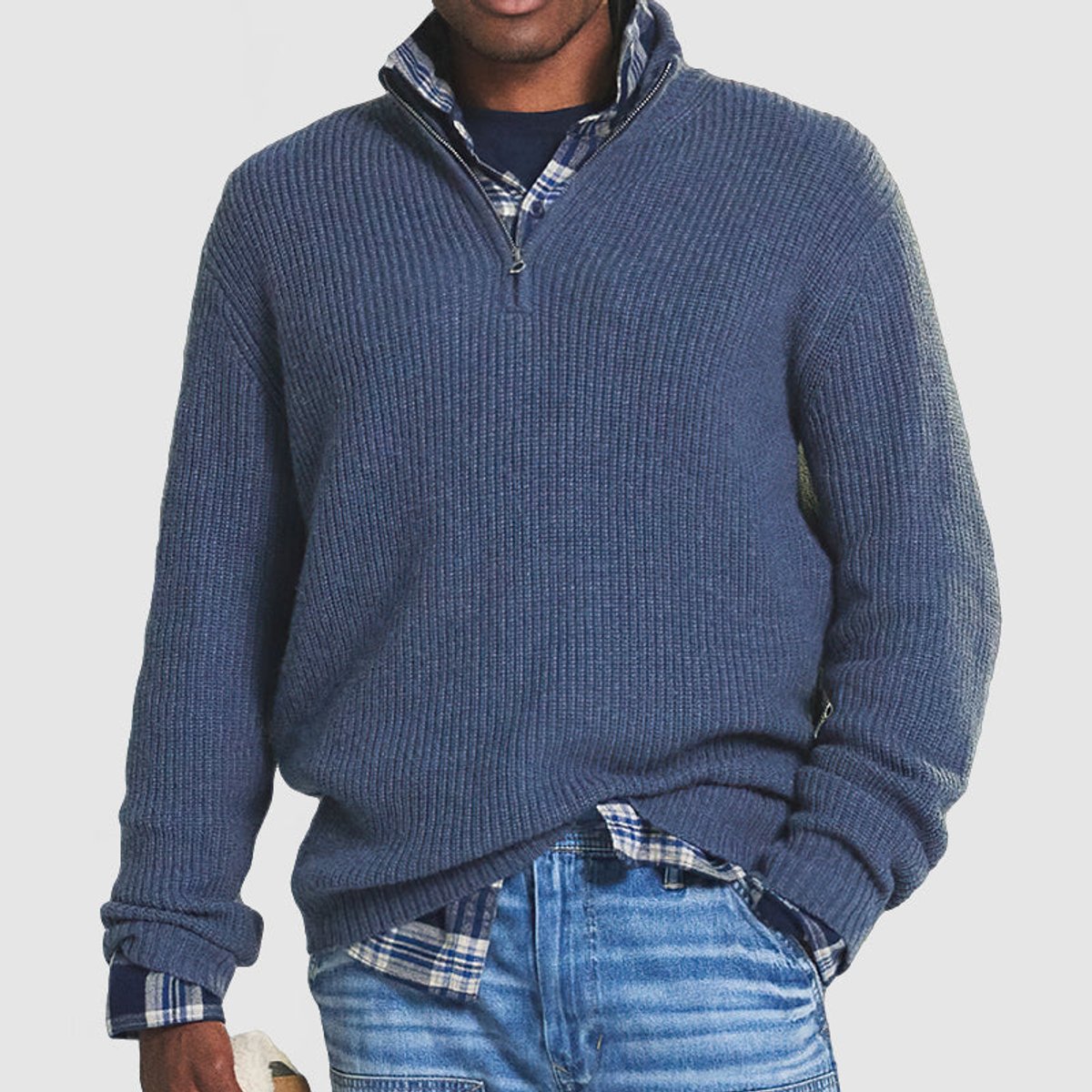 Ribbed Knit Sweater with Quarter-Zip Men