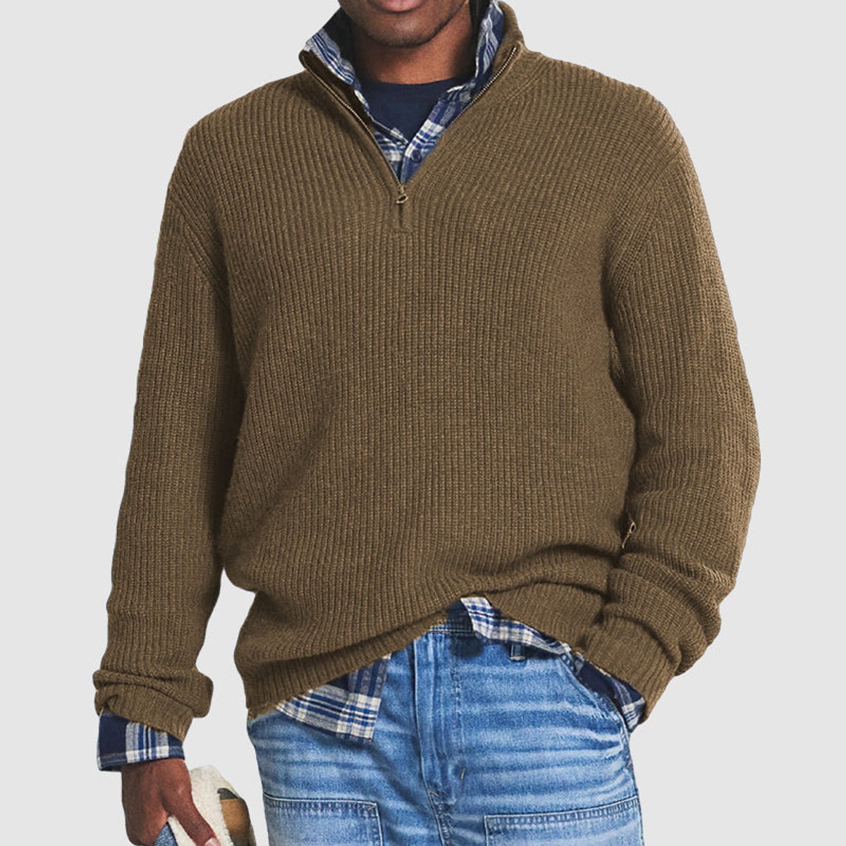 Ribbed Knit Sweater with Quarter-Zip Men