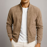 Men's Suede Bomber Jacket with Ribbed Trim