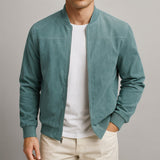 Men's Suede Bomber Jacket with Ribbed Trim