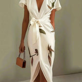 Floral Wrap Midi Dress with Tie Waist and V-Neck