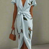 Floral Wrap Midi Dress with Tie Waist and V-Neck