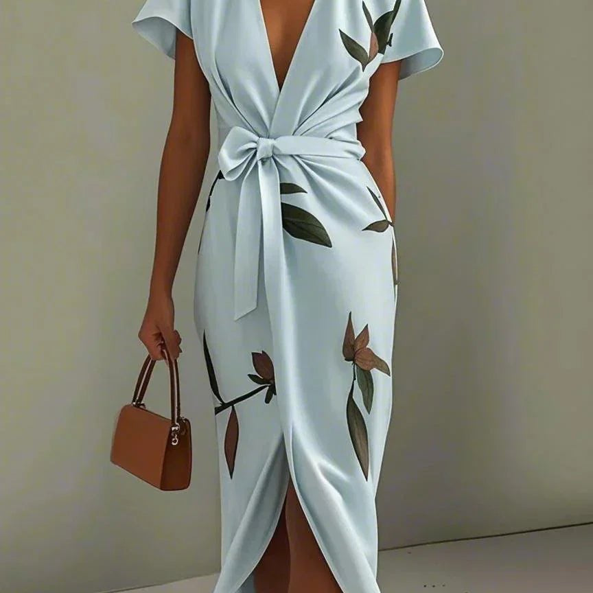 Floral Wrap Midi Dress with Tie Waist and V-Neck