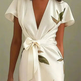 Floral Wrap Midi Dress with Tie Waist and V-Neck