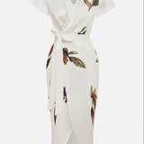Floral Wrap Midi Dress with Tie Waist and V-Neck