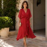 Wrap Midi Dress with Ruffled Hem and V-Neck