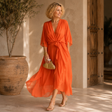 Wrap Midi Dress with Ruffled Hem and V-Neck